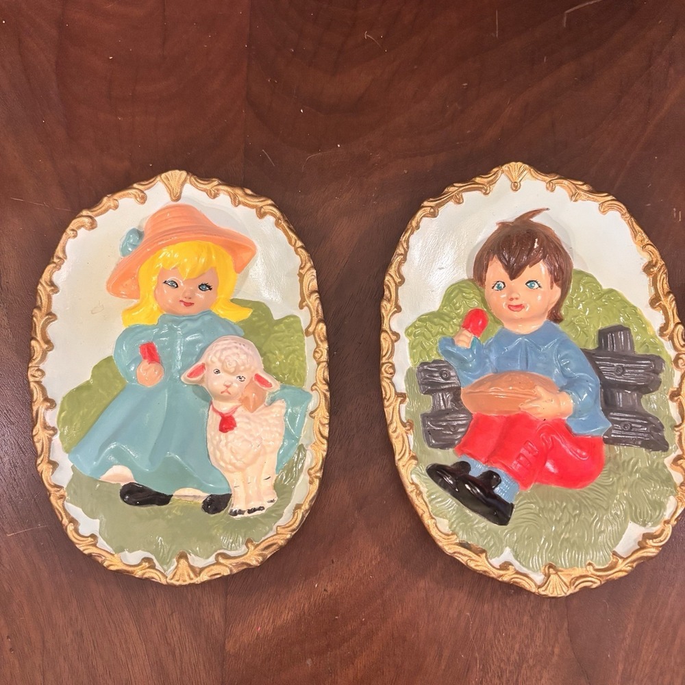 Vintage Nursery Rhyme Wall Plaques Little Jack Horner Mary Had a Little Lamb Set